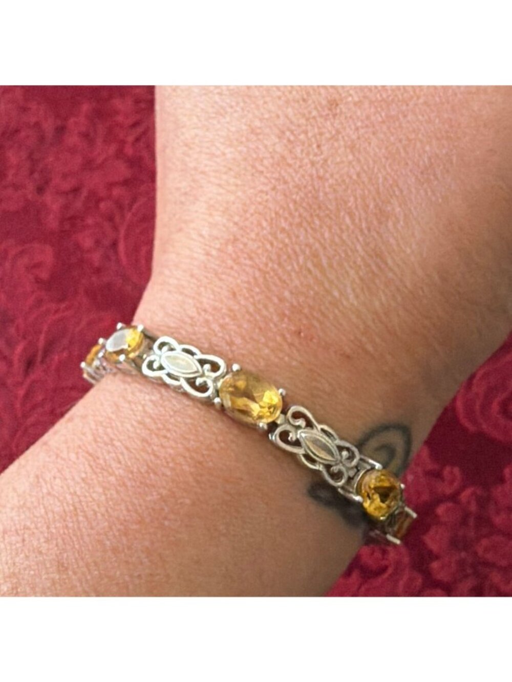 Vintage 925 Sterling Silver Oval Cut Citrine Filigree Link Tennis Bracelet Fine